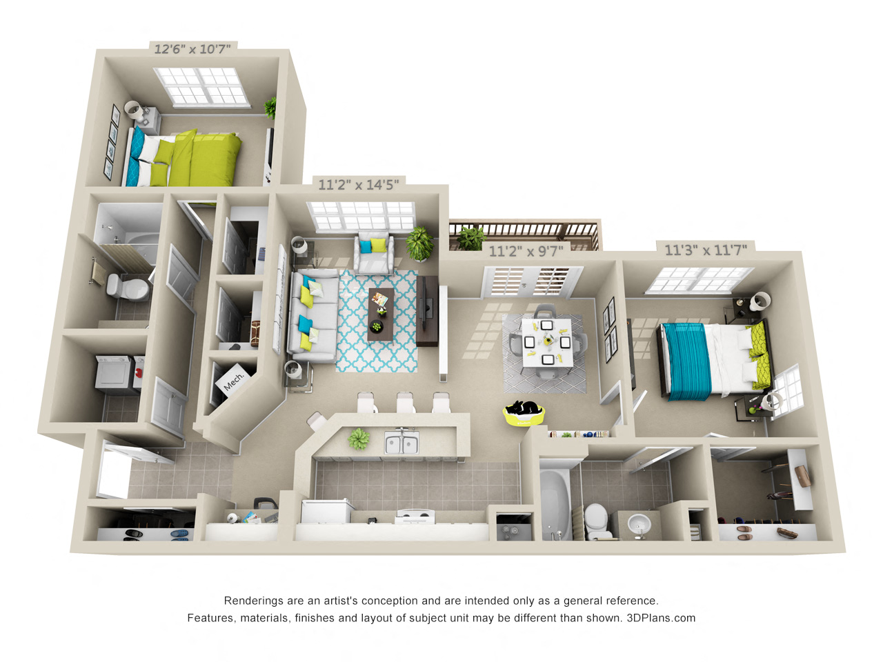 Floor plan for 2 beds, 2 baths, 1226 sqft